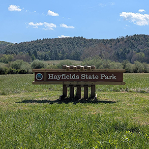 Park sign for Hayfields State Park
